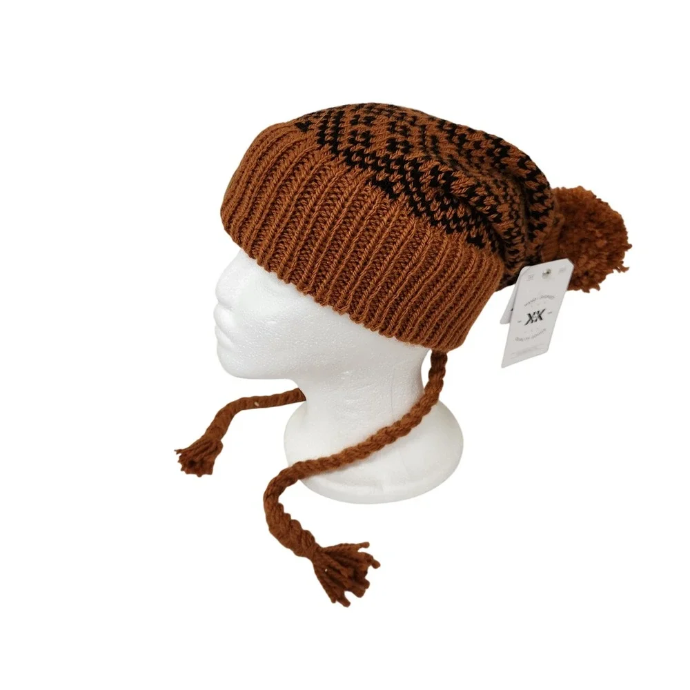 Krochet Kids Brown Black Fair Isle Crochet Knit Beanie Hat with Pom Pom & Tassel